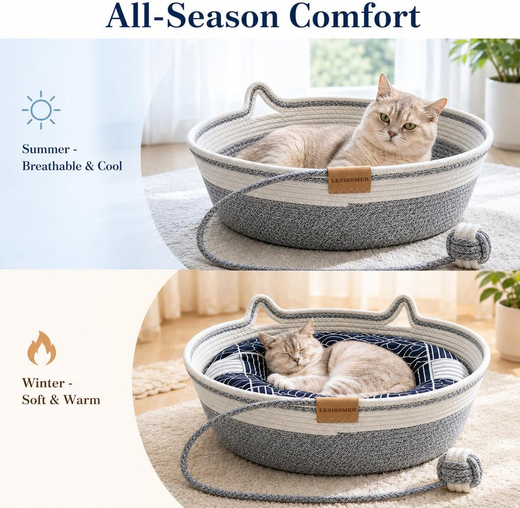 Cat Bed Basket for Indoor Cats Handwoven Cotton Rope with Cushion (Grey)