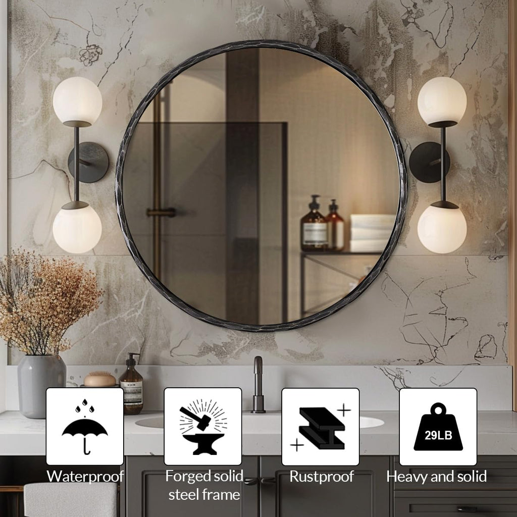 Hand-Forged Black Round Mirror for Wall, 30 Inch Solid Steel Metal Frame Circle Mirror, Antique Rounded Hammered
