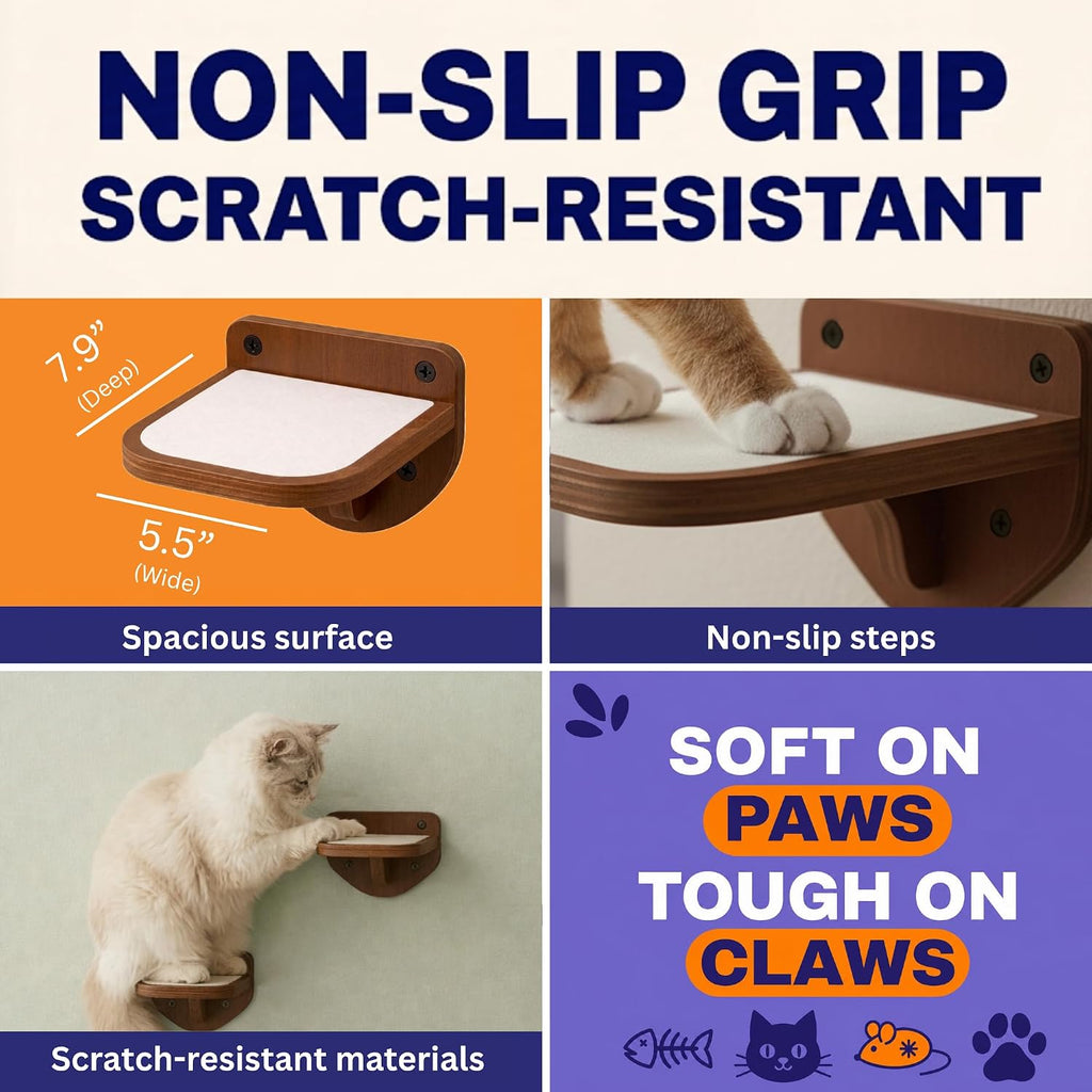 Cat Wall Shelves, Walnut Floating Cat Steps Set of 3