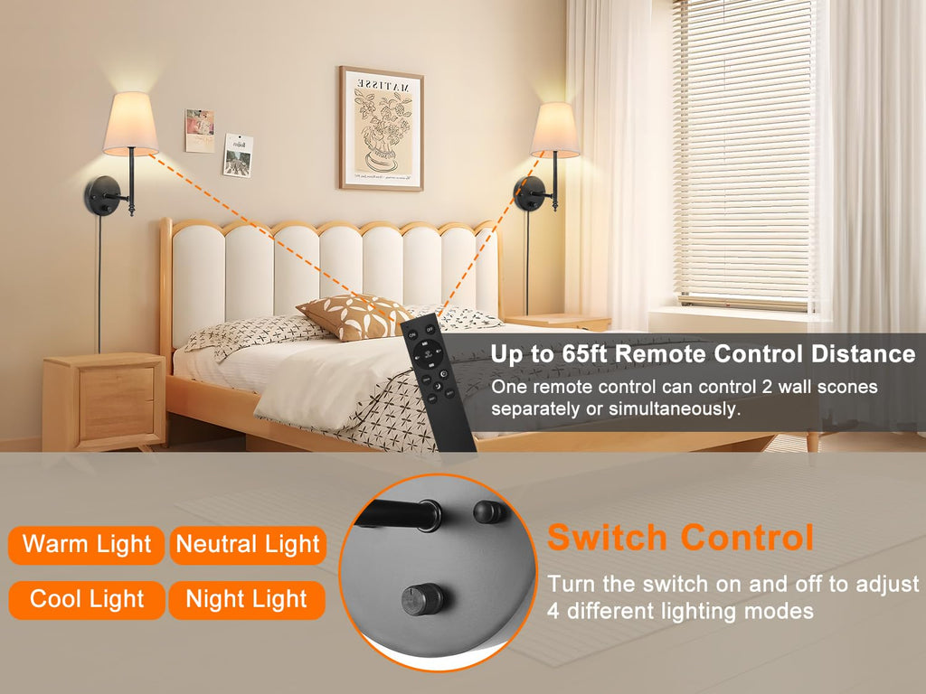 14.1 inch Wall Sconces Set of Two with Remote Control, Dimmable, Adjustable Colors 2700-6500K, Plug in Wall Sconces