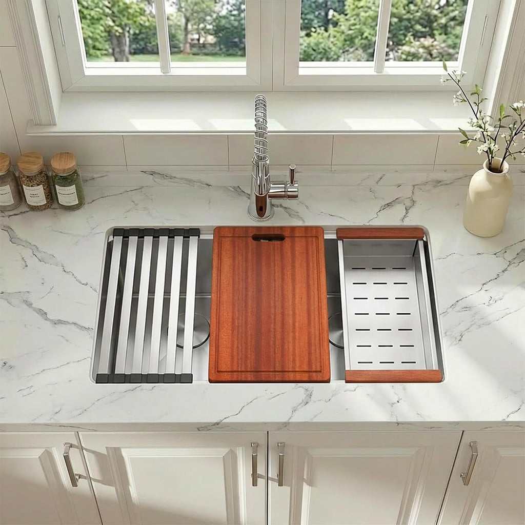 32 Inch Sink Undermount Double Bowl, 16 Gauge 50/50 Double Bowl Stainless Steel Workstation Sink, 32"x18"x10" Large