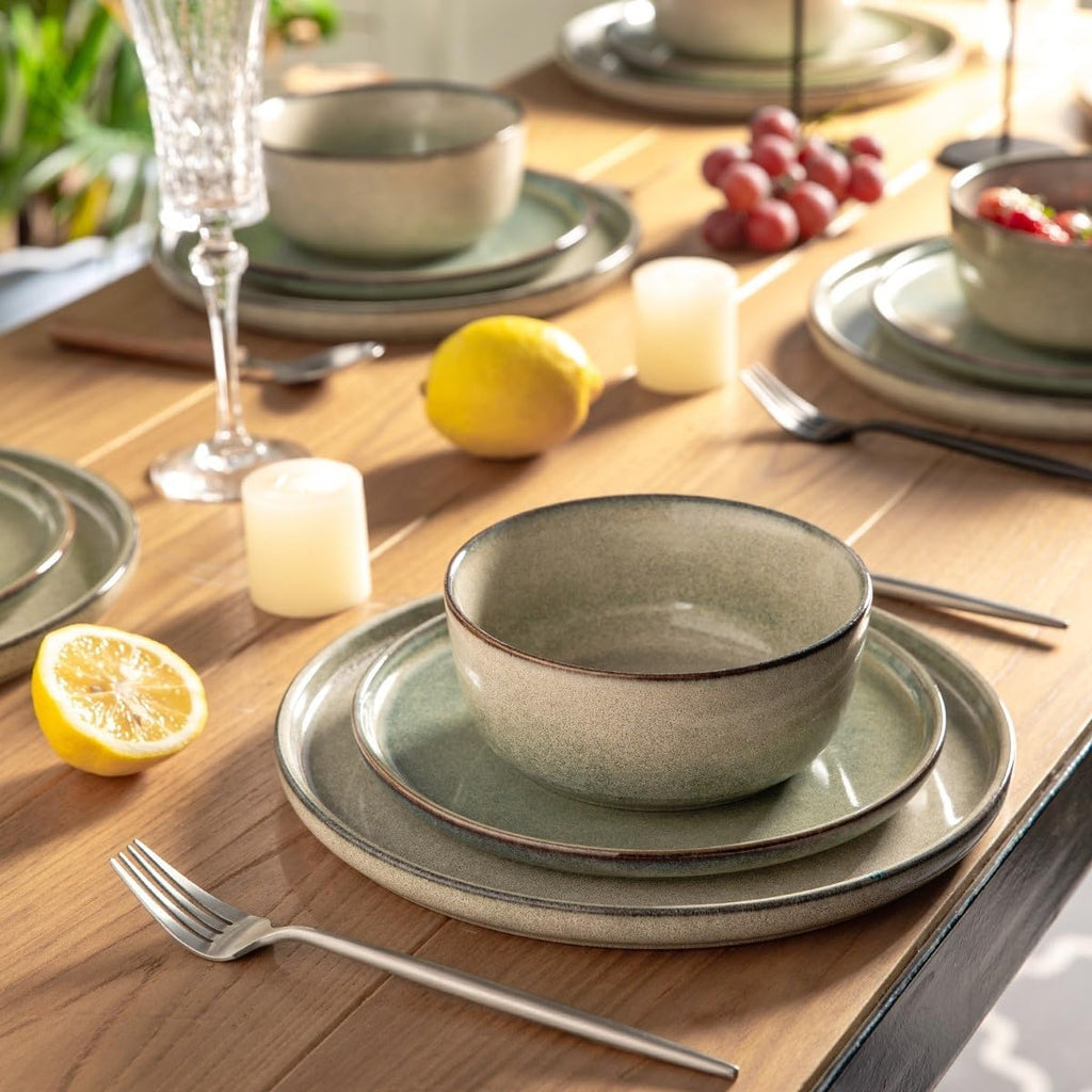 Stoneware Dinnerware Sets,Round Reactive Glaze Ceramic Plates and Bowls Sets,Highly Scratch Resistant | Dishwasher &