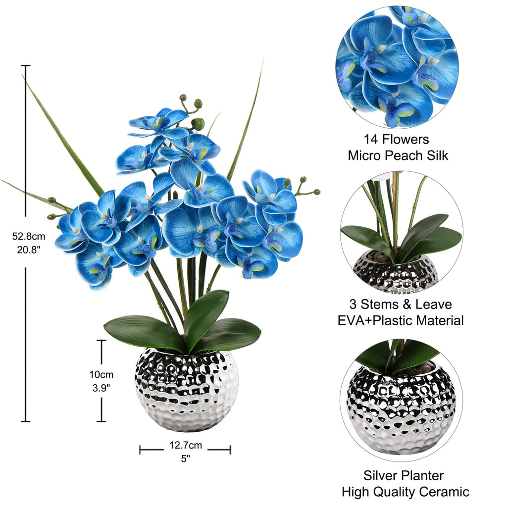 Orchids Artificial Flowers, 20'' Blue Faux Orchid Flowers with Silver Vase Fake Phalaenopsis Coffee Table Bathroom
