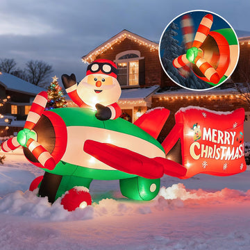 10.5 FT Animated Christmas Inflatables Santa Claus on Airplane, Santa Claus on Helicopter with Merry Christmas
