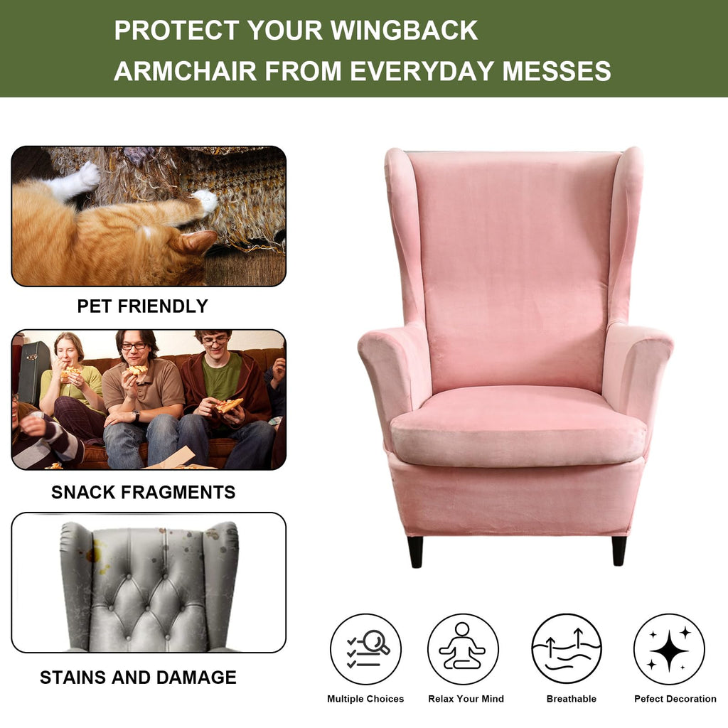 Velvet Wingback Armchair Covers 2-Piece Elastic Stretch Wingback Chair Sofa Slipcover Soft Wingback Chair Slipcover