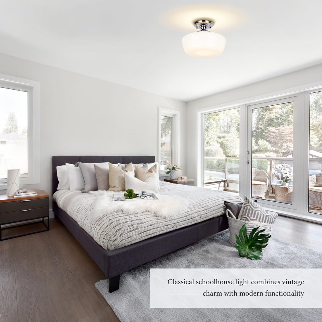 Schoolhouse Style Semi Flush Mount Ceiling Light Fixture, 12" Modern Chrome Hallway Ceiling Lamp with Opal Milk Glass