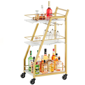 Bar Cart, 3-Tier Home Bar Serving Cart with Wheels, Drink Cart with Glass Holder, Beverage Cart, Rolling Kitchen