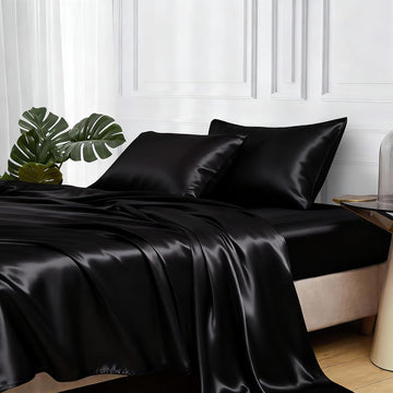 Satin Bed Sheets, Sheets Set, 4 Pcs Silky Bedding Set with Elastic Corner Straps and 15 Inches Deep Pocket for