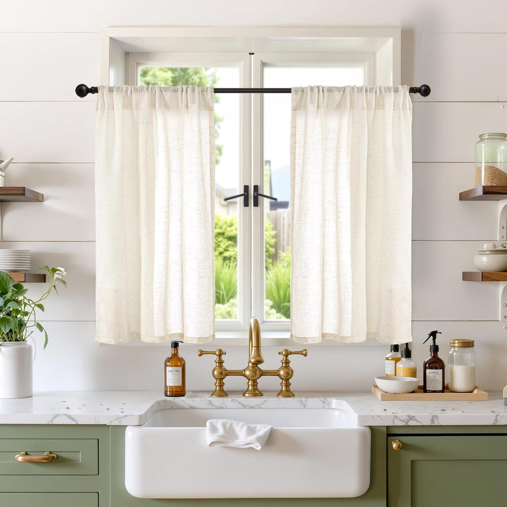 Linen Kitchen Window Curtains Over Sink - 36 Inch Length Cafe Drapes Semi Sheer with Rod Pocket Light Filtering for