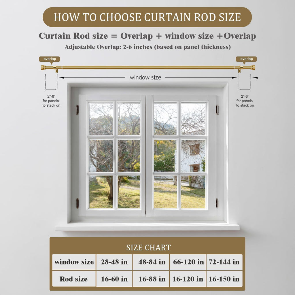 Heavy Duty Curtain Rods for Windows, 1 Inch Brass Gold Curtain Rod, Adjustable Length Rod with Metal