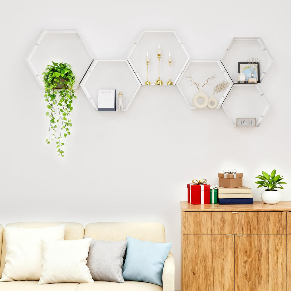 Hexagon Floating Shelves Set of 6, White Metal Wall Mounted Shelves