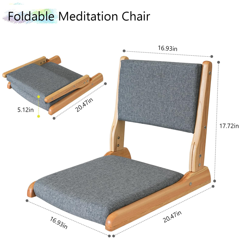 Japanese Floor Chair with Back Support, Foldable Meditation Chair, Legless Tatami Chair with Cushion, Floor Seat