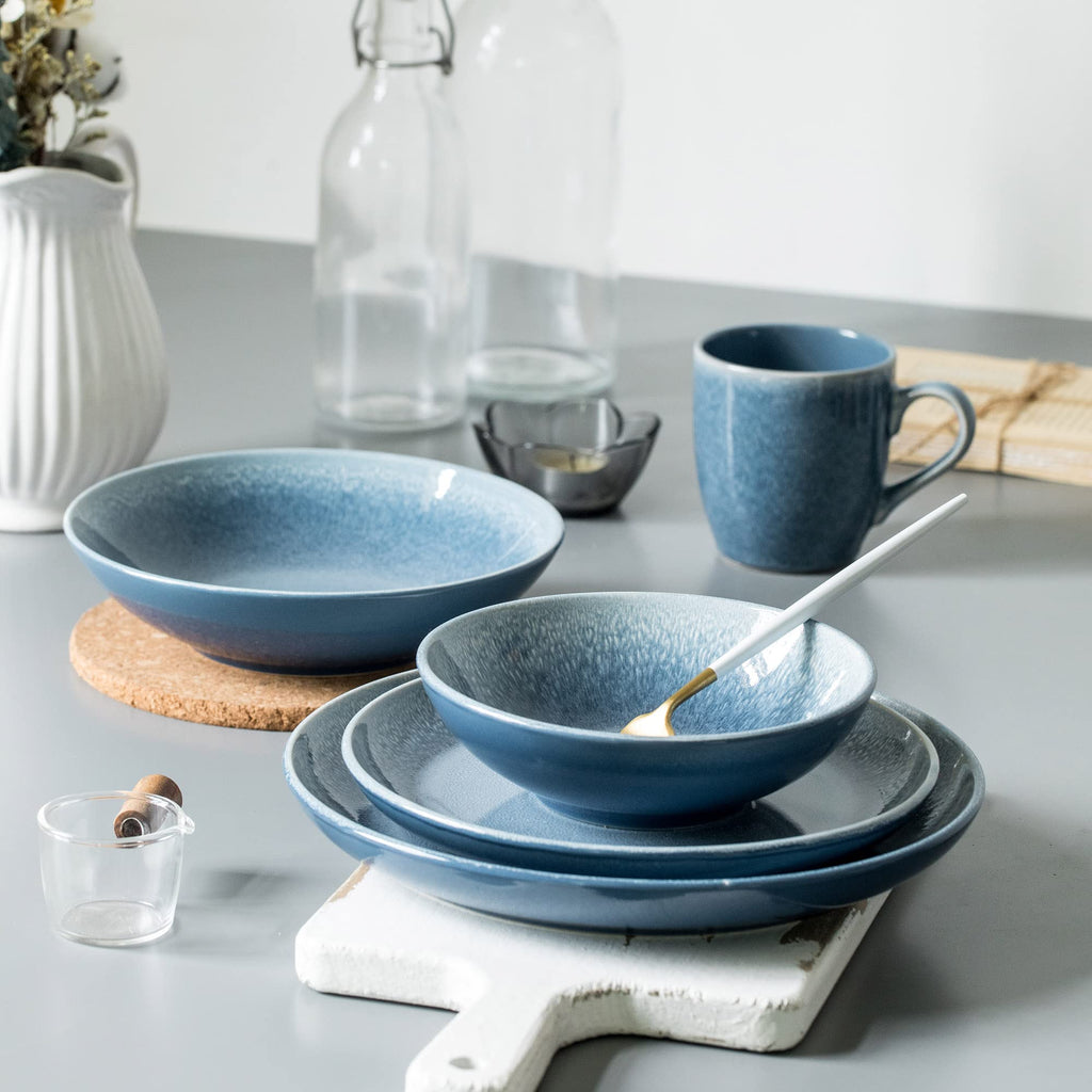 Round Stoneware 16pc Dinnerware Set for 4, Dinner Plates, Side Plates, Cereal Bowls, Mugs - Reactive Glaze Blue