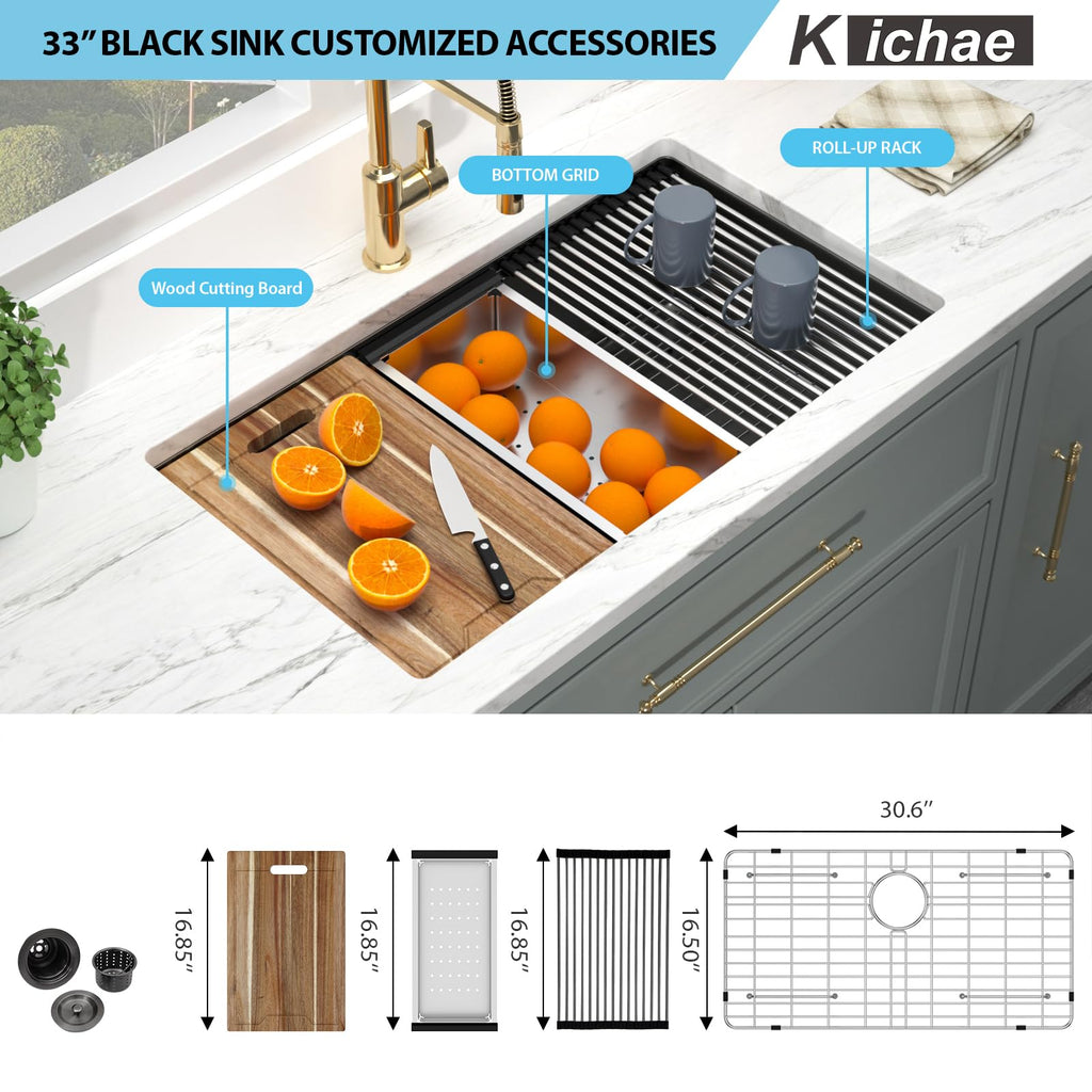 33 Black Undermount - 33x19 Undermount Ledge Workstation 16Gauge Stainless Steel Gunmetal Black Deep Handmade Single