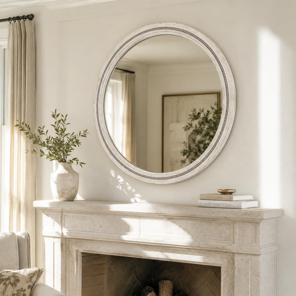 Solid Wood 36 Inch Round Beaded Wall Decor Mirror, Distressed White