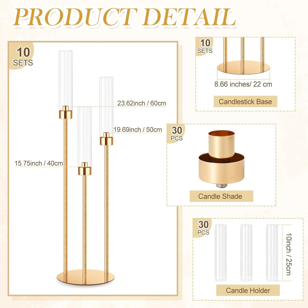 10 Set 3 Arm Candelabra Centerpiece 33.8 Inch Candle Holder Gold Candelabra Metal Floor Pillar Candlesticks for