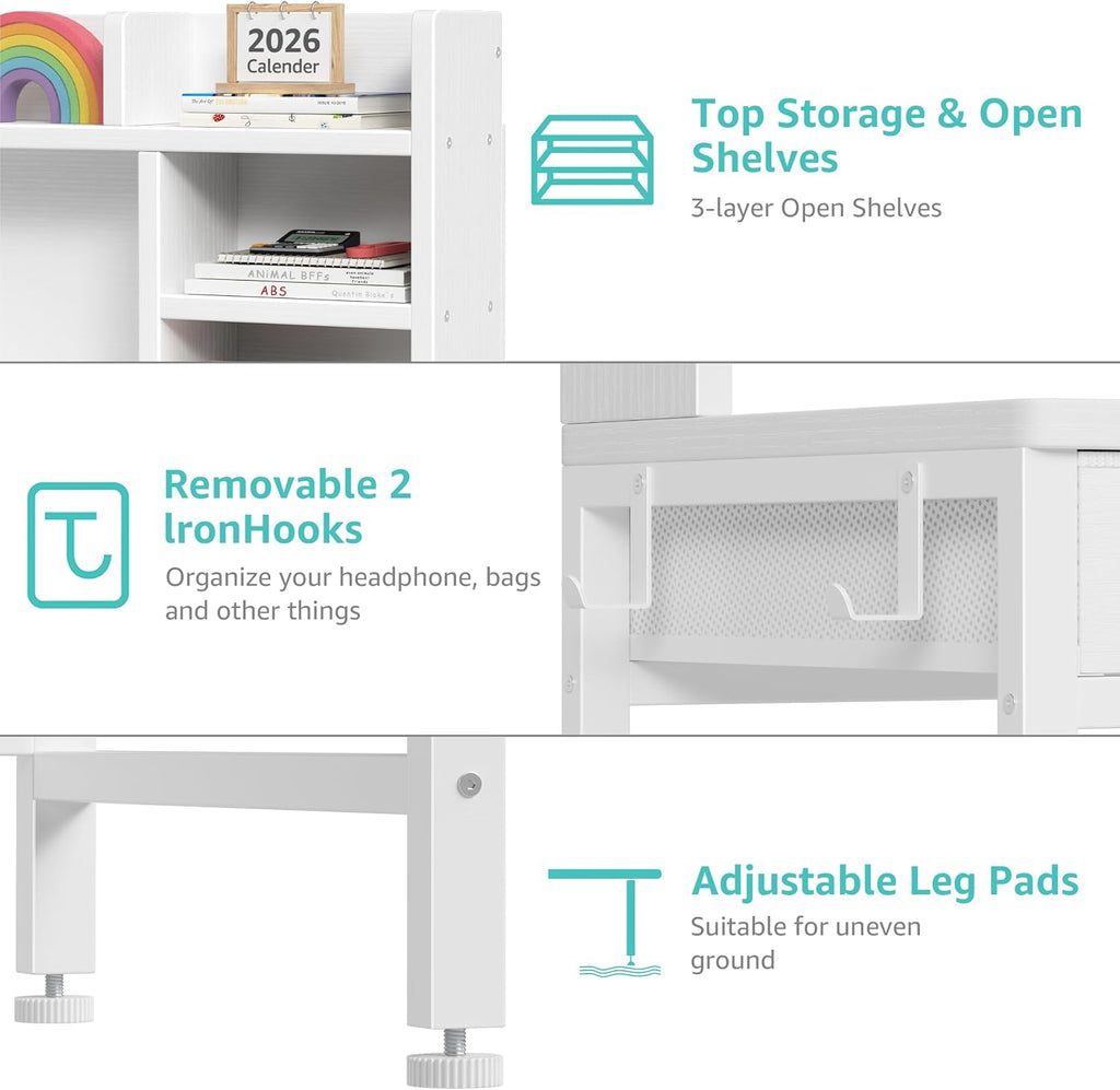 White Kids Desk with Hutch for Kids Desk and Chair Set 10-12 Year Old, Children Study Desk with Fabric Drawer Storage