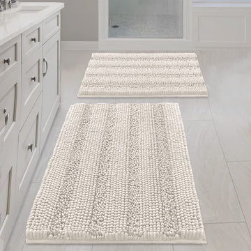 Ivory Bath Mat Bath Rugs, Extra Thick Striped Bath Rugs 2 Piece Bathroom Set, Anti-Slip Soft Plush Chenille Shaggy