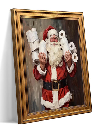 Gold Framed Funny Christmas Bathroom Wall Art, Santa Claus Wall Decor, Santa with Toilet Paper Rolls Canvas Print