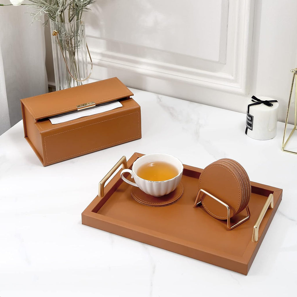 Drink Coasters with Metal Holder Stand, PU Leather Absorbent Coasters with Cork Base Table Coaster Set - Set of 6