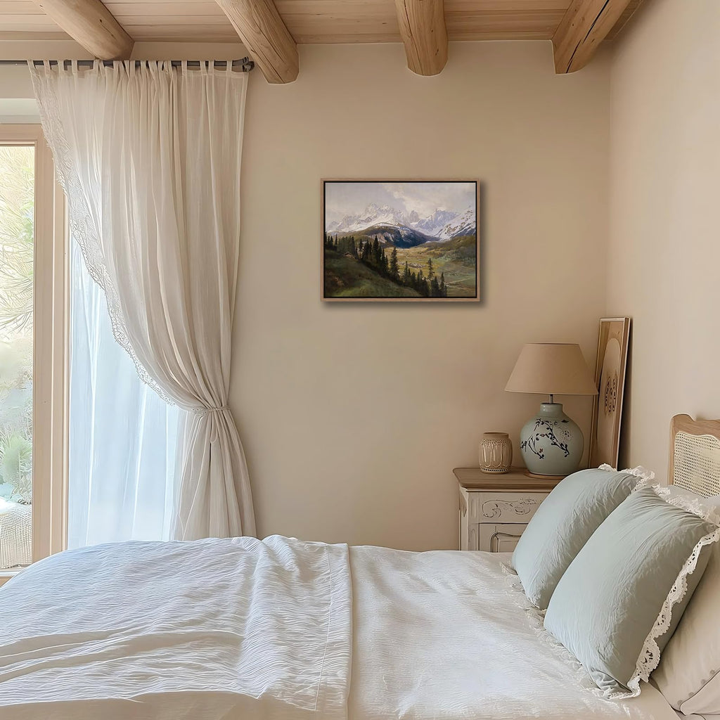 Framed Vintage Mountain Landscape Canvas Wall Art Rustic Farmhouse Pine Tree Picture Print Countryside Cabin Painting