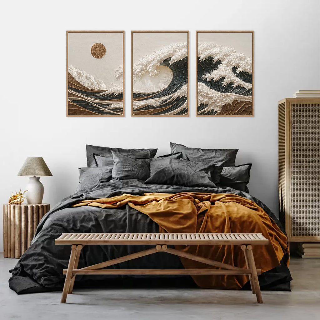 Sea Wave Framed Canvas Wall Art, Abstract Sun Seascape Wall Decor Set of 3(16"x24") Large Modern Ocean Beach Art