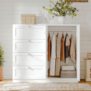 43''H Armoire Wardrobe Closet with 4 Drawers and 2 Doors | Small Clothing Storage Cabinet Dresser with Hanging Rod