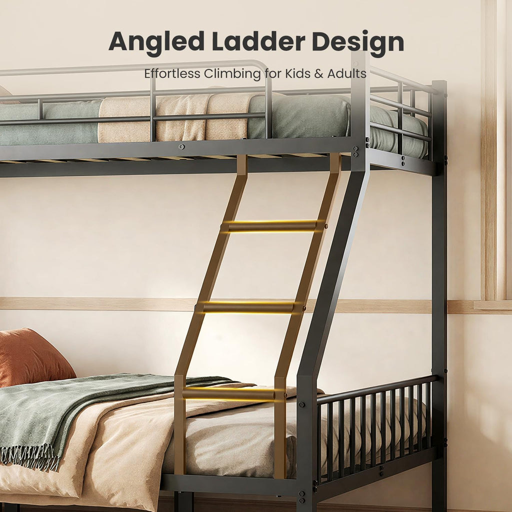 Heavy Duty Twin XL Over Queen Bunk Bed, Metal Steel Bed Frame with EVA-Padded Angled Ladder & Full-Length Guardrails