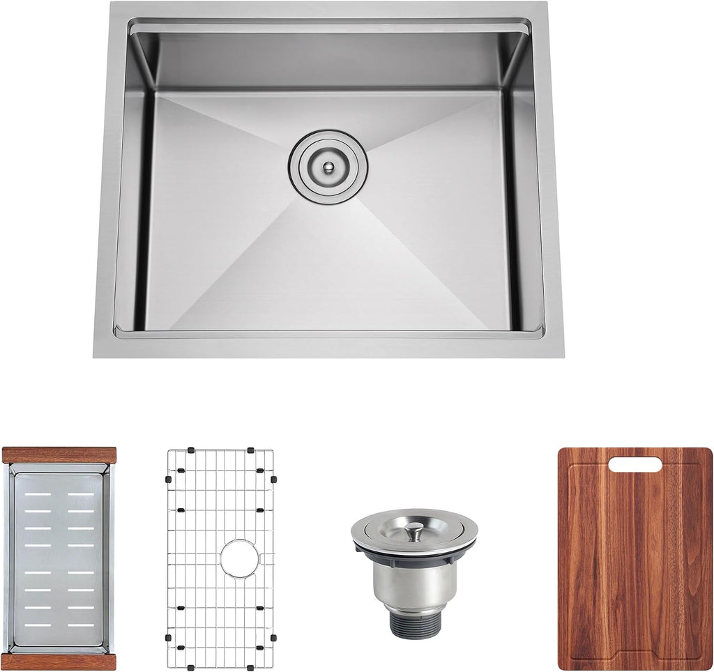23 Inch Undermount Single Bowl Workstation Handmade Kitchen Sink | 304 Stainless Steel, 16 Gauge Thickness, X Line
