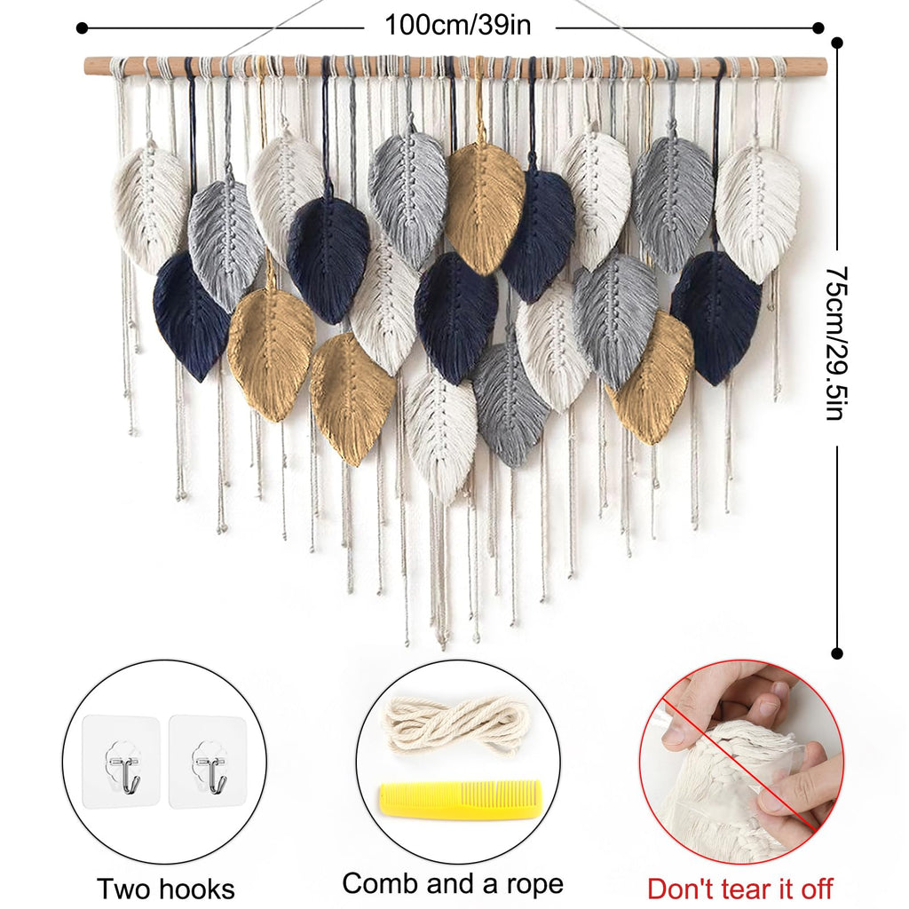 Large Macrame Wall Hanging Boho Leaf Feather Woven Tapestry 39"W x 29.5" L