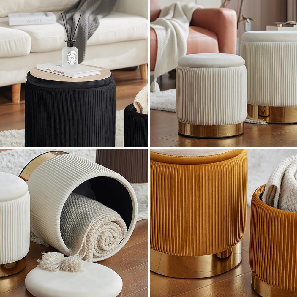 Round Ottoman with Storage Set of 2 Black Velvet Vanity Stool | Upholstered,Small Ottoman Coffee Table,Removable