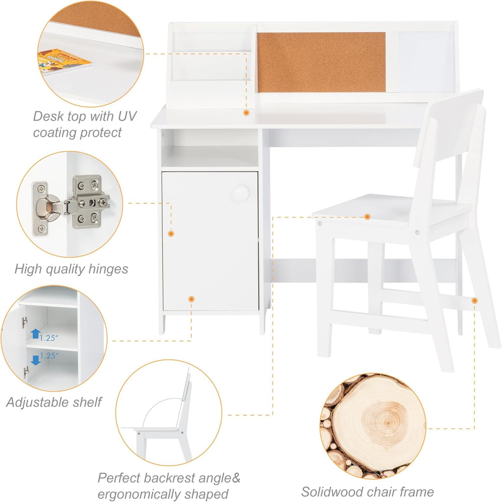 Wooden Kids Desk and Chair Set with Hutch and Storage for Ages 3-8