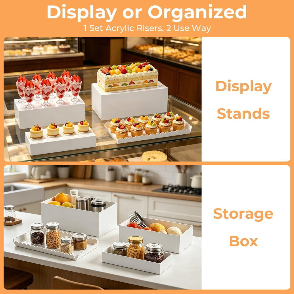 Buffet Risers, 4PCS Glossy White Acrylic Food Risers for Party Table, Rectangle Display Riser Stand with Hollow Box