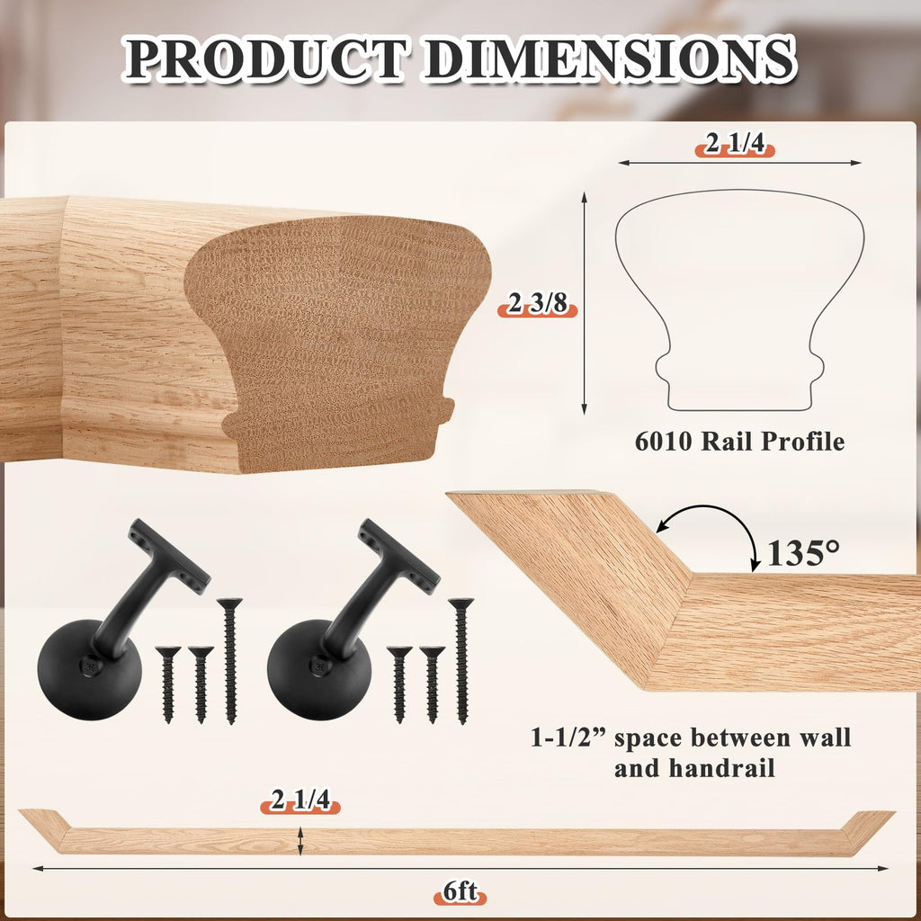 6010 Red Oak Handrail Kit 6 ft with Wall Returns and Wall Mount Brackets Indoor Wood Stairs Handrails Included Screws