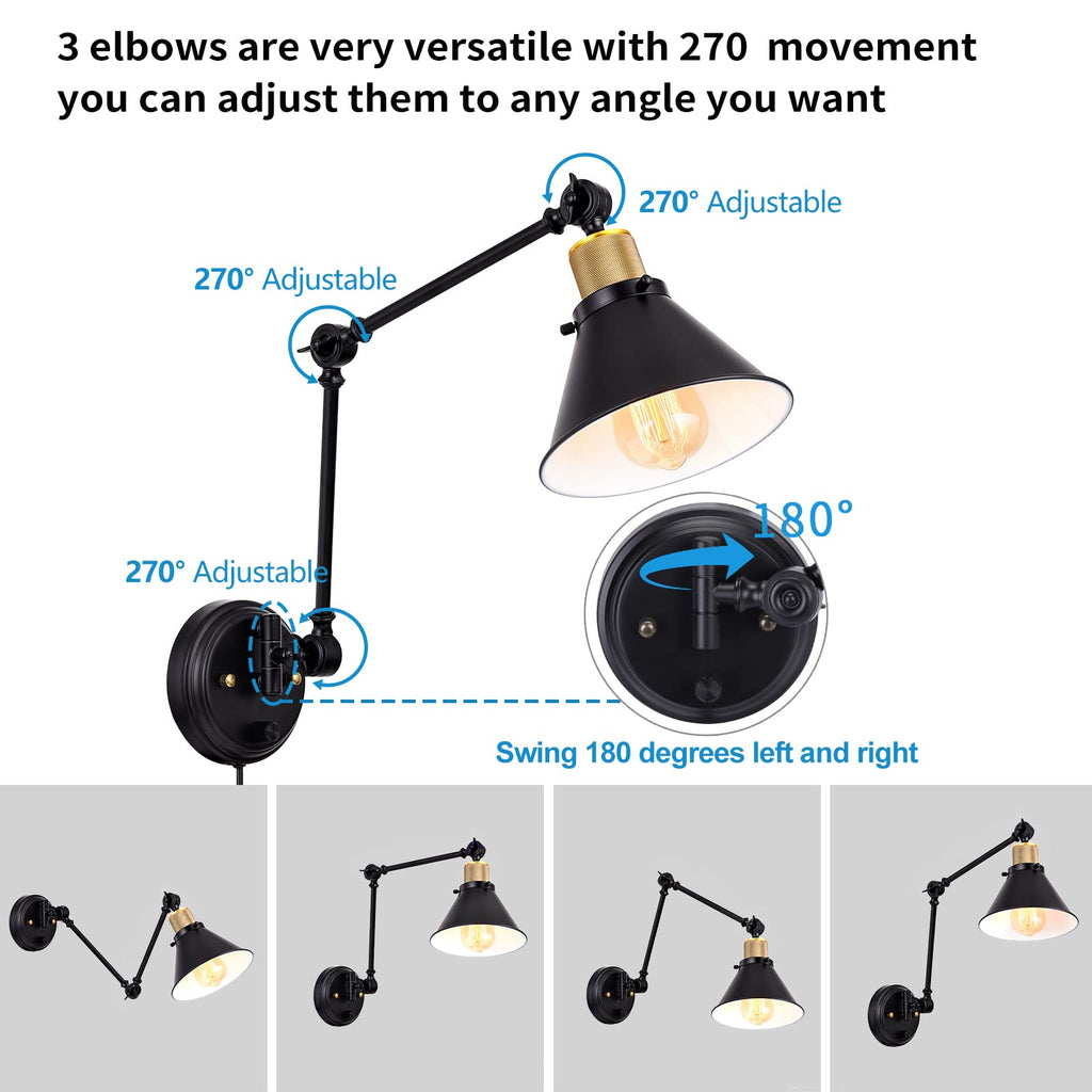 Wall Sconce Plug in, Dimmable Wall Sconce with Switch Swing Arm Wall Lights Plug in Wall Mounted Light Wall Sconces