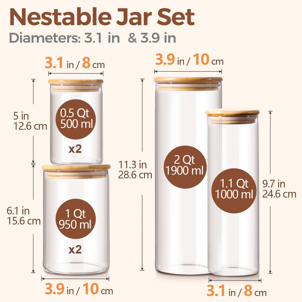 Glass Storage Jars 6 Pack, Pasta Containers, Pantry Organization