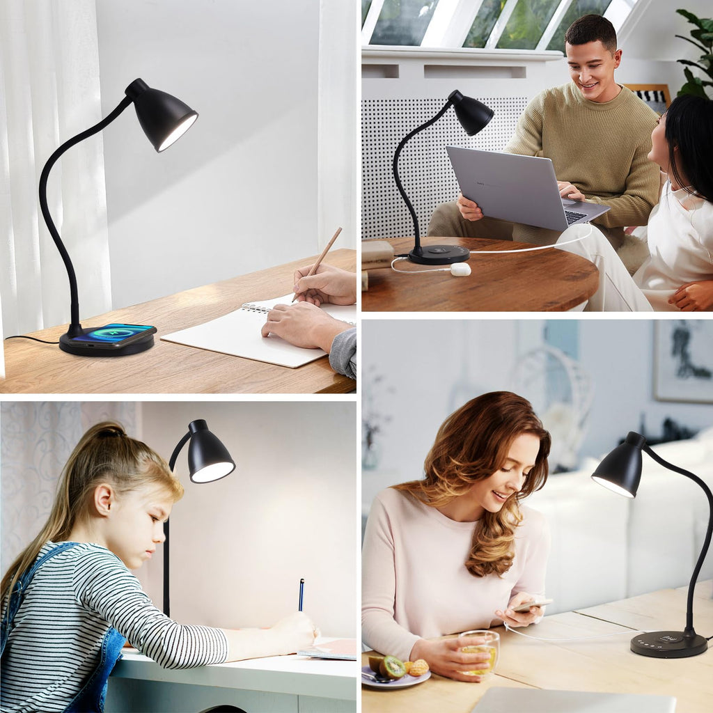 Desk Lamp with USB C+A Charging Ports Timer Black