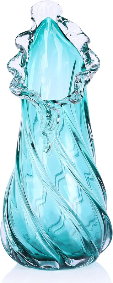 Hand Blown Blue Large Glass Vase Set - Artistic Clear Blue Vase for Coastal & Modern Home Decor, Ocean Wave Vase