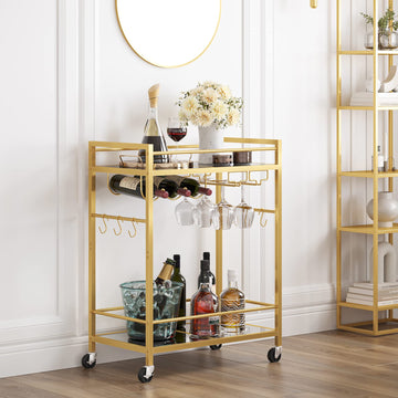Gold Bar Cart with 2 Mirrored Shelves, Wine Rack & Glass Holder