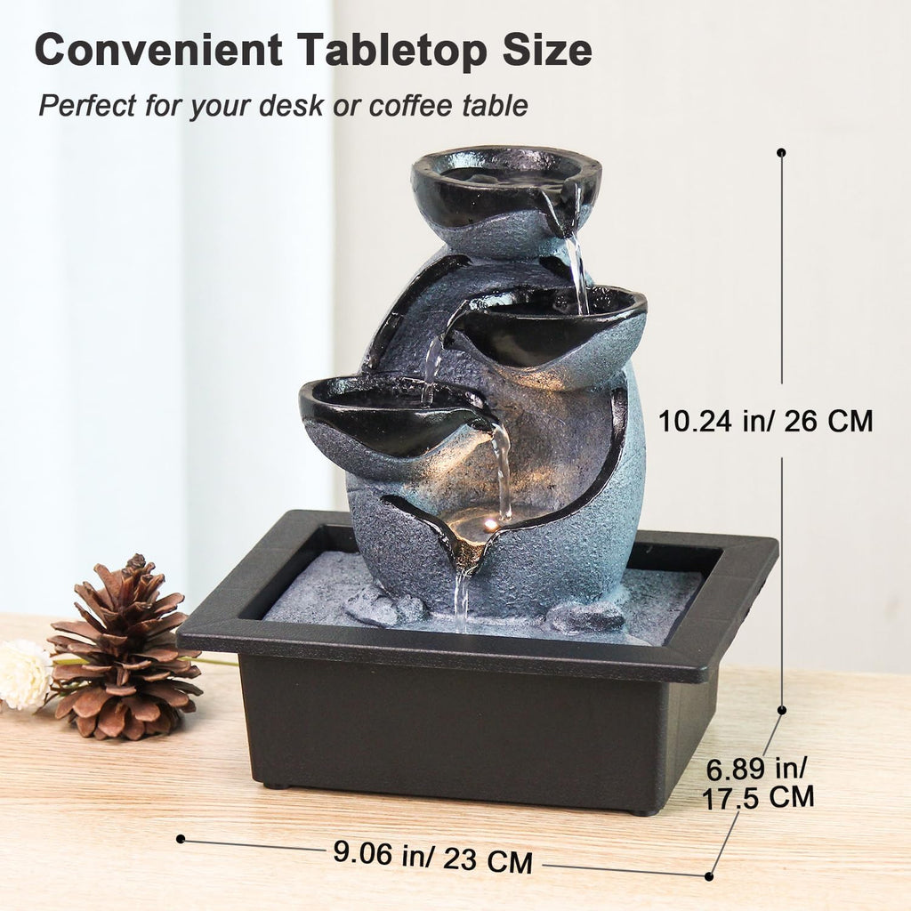 Tabletop Water Fountain with LED Lights, Indoor Resin Waterfall Fountain for Desk Office Home Decor, Zen Meditation