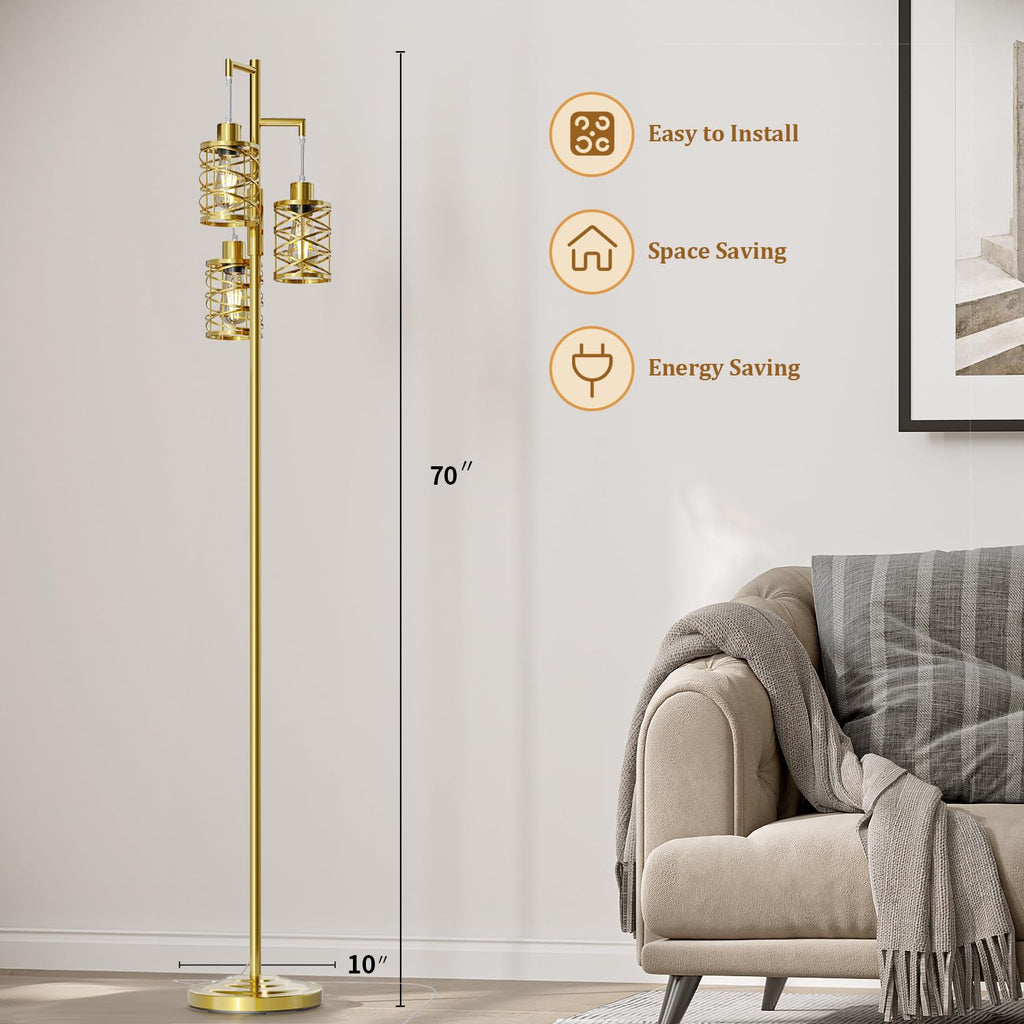 70" Industrial Floor Lamp, Stepless Dimmable Standing Lamp with 3 Bulbs, Farmhouse Corner Standing Tree Lamp, Tall