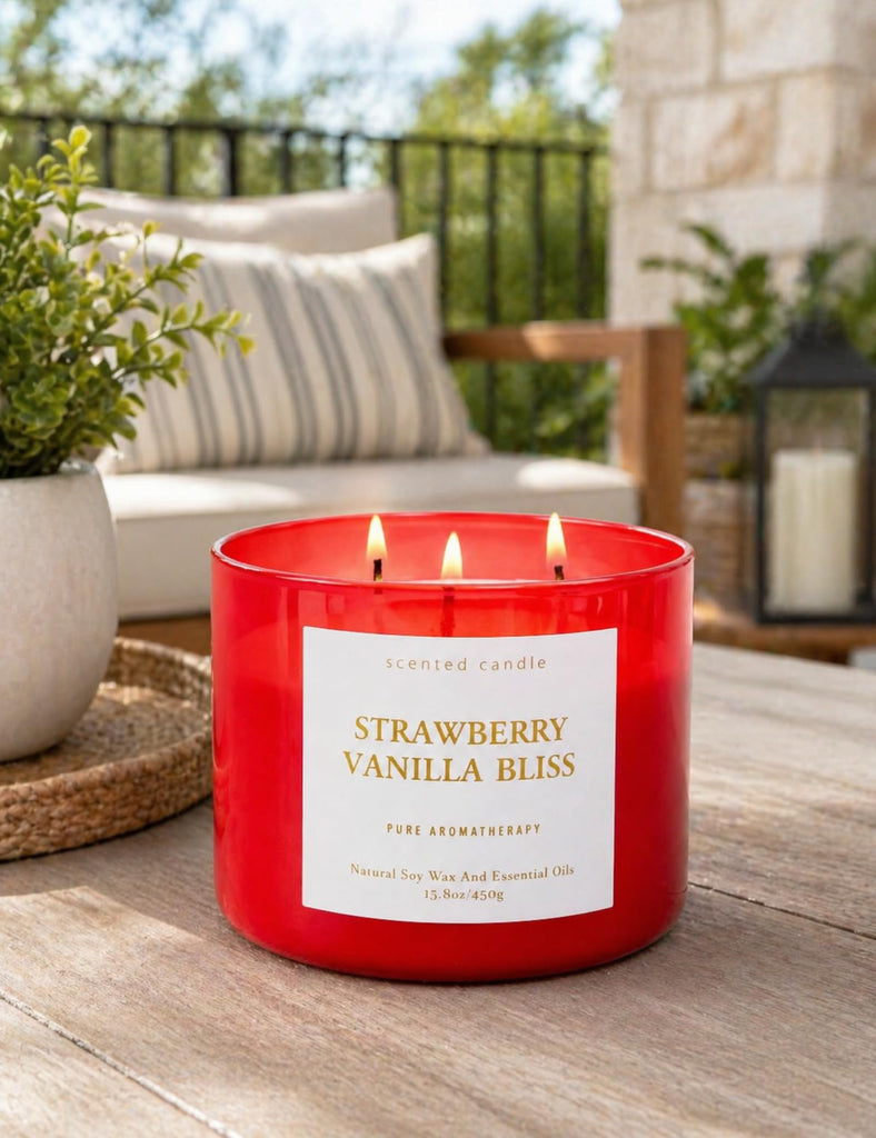 Strawberry Vanilla Bliss, 3-Wick Scented Soy Candle for Women, 15.8 Oz