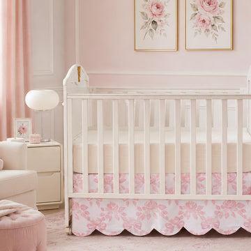 Scallop Edge Organic Cotton Crib Skirt, Baby Girl Crib Skirt Toddler Bedskirt Farmhouse Chic Cottagecore Nursery Bed