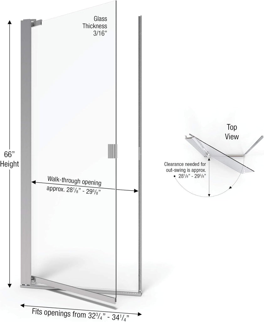 Armon 32.75 to 34.25 in. width, Semi-Frameless Pivot Shower Door, Obscure Glass, Silver Finish