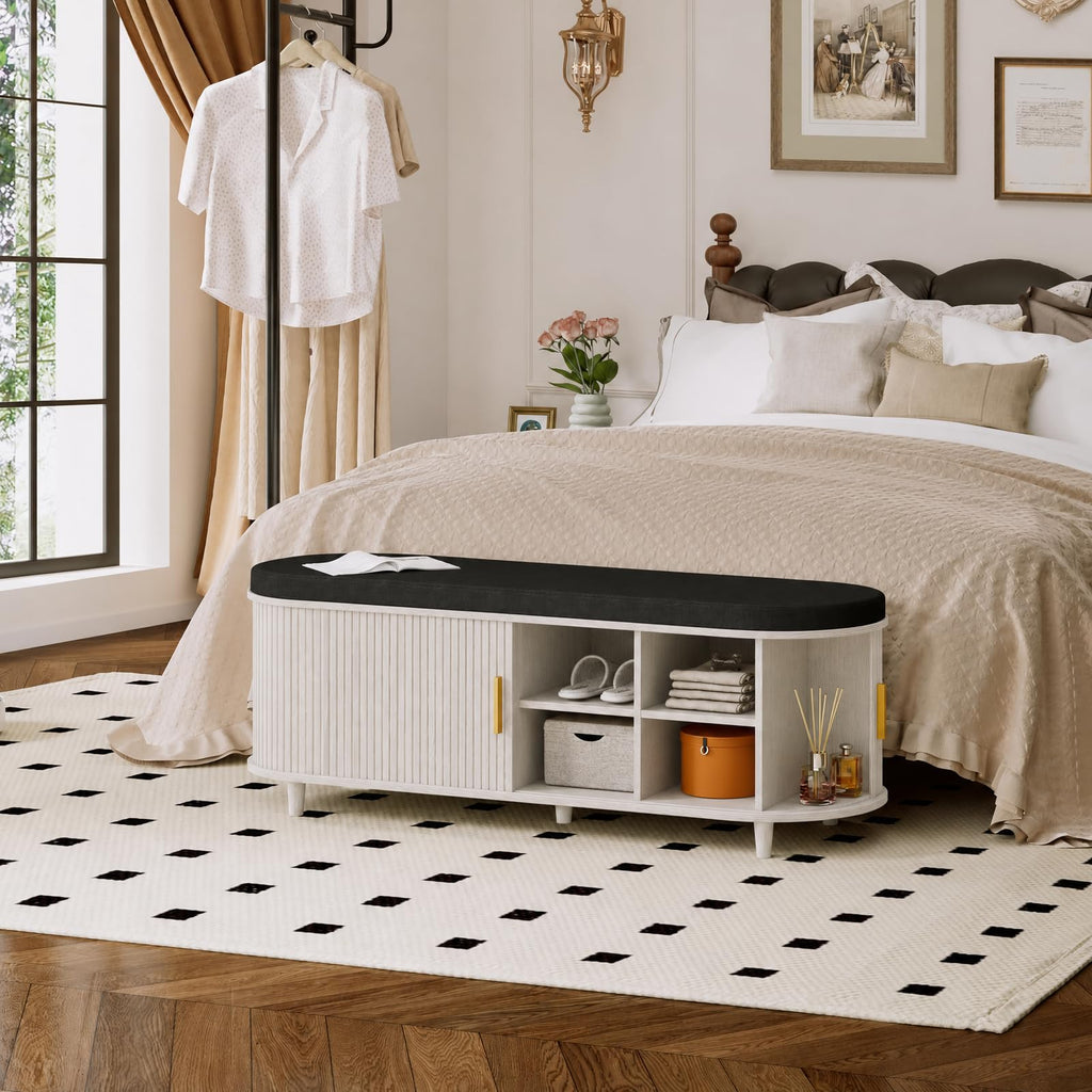 2-Tier Storage Bench, Wide Shoe Bench with Thickened Padded Seat Cushion, Mid Century Modern Fluted Sliding Door and