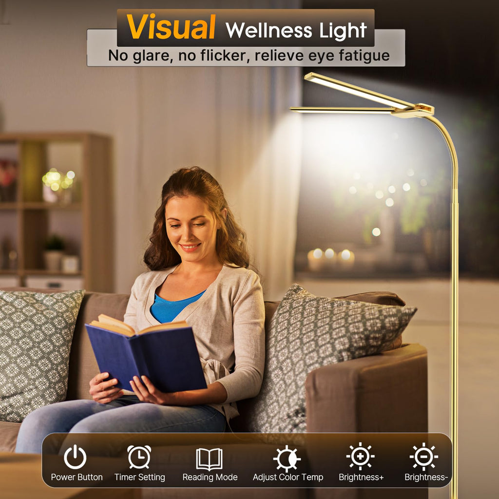 LED Floor Lamp, 18W Bright Reading Floor Lamp, Gesture & Remote Control, Dual Head Gooseneck Standing Lamp