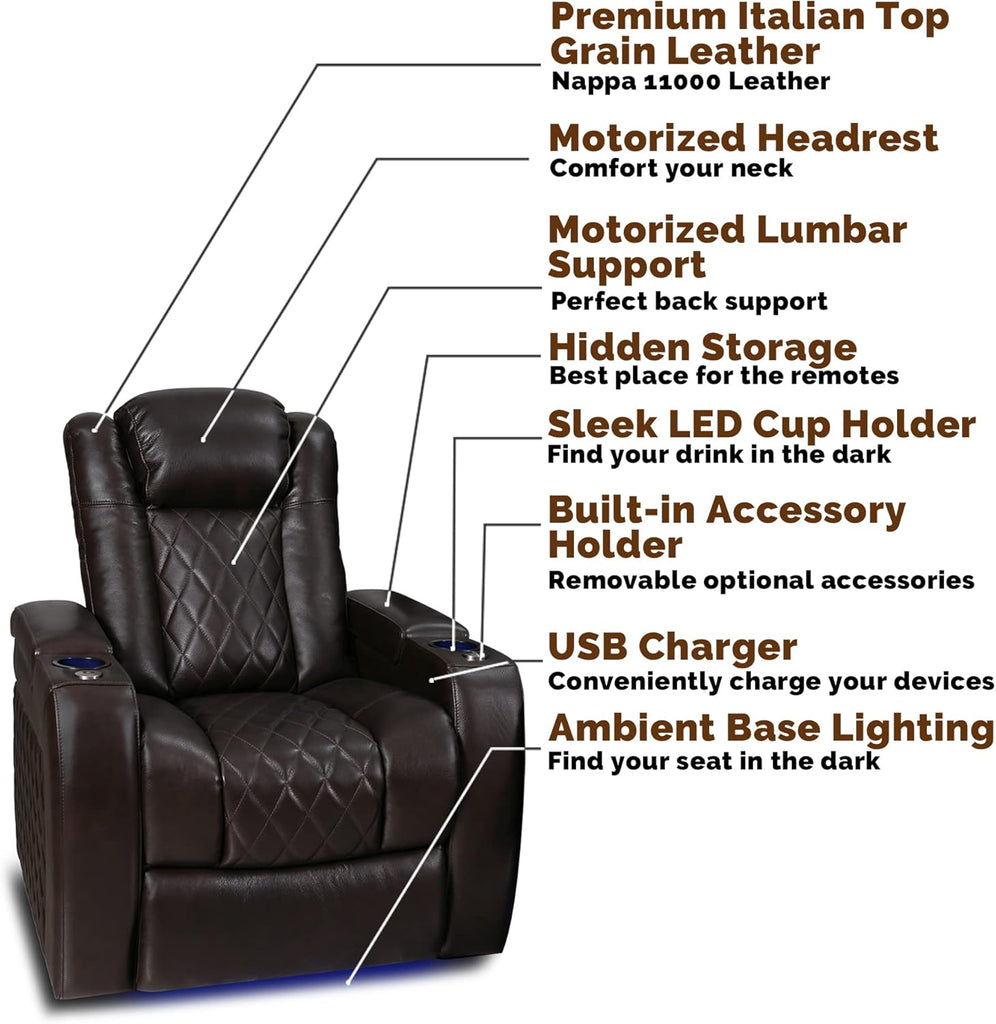 Tuscany Home Theater Seat - Nappa Leather Power Recliner with Cool Gel Memory Foam, USB-C/A Charging, RGB LED Lights