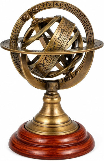 Antique 5" Armillary Astrolabe Sphere Showpiece Made from Brass and Wooden Base Rustic Vintage Home Decor Gifts