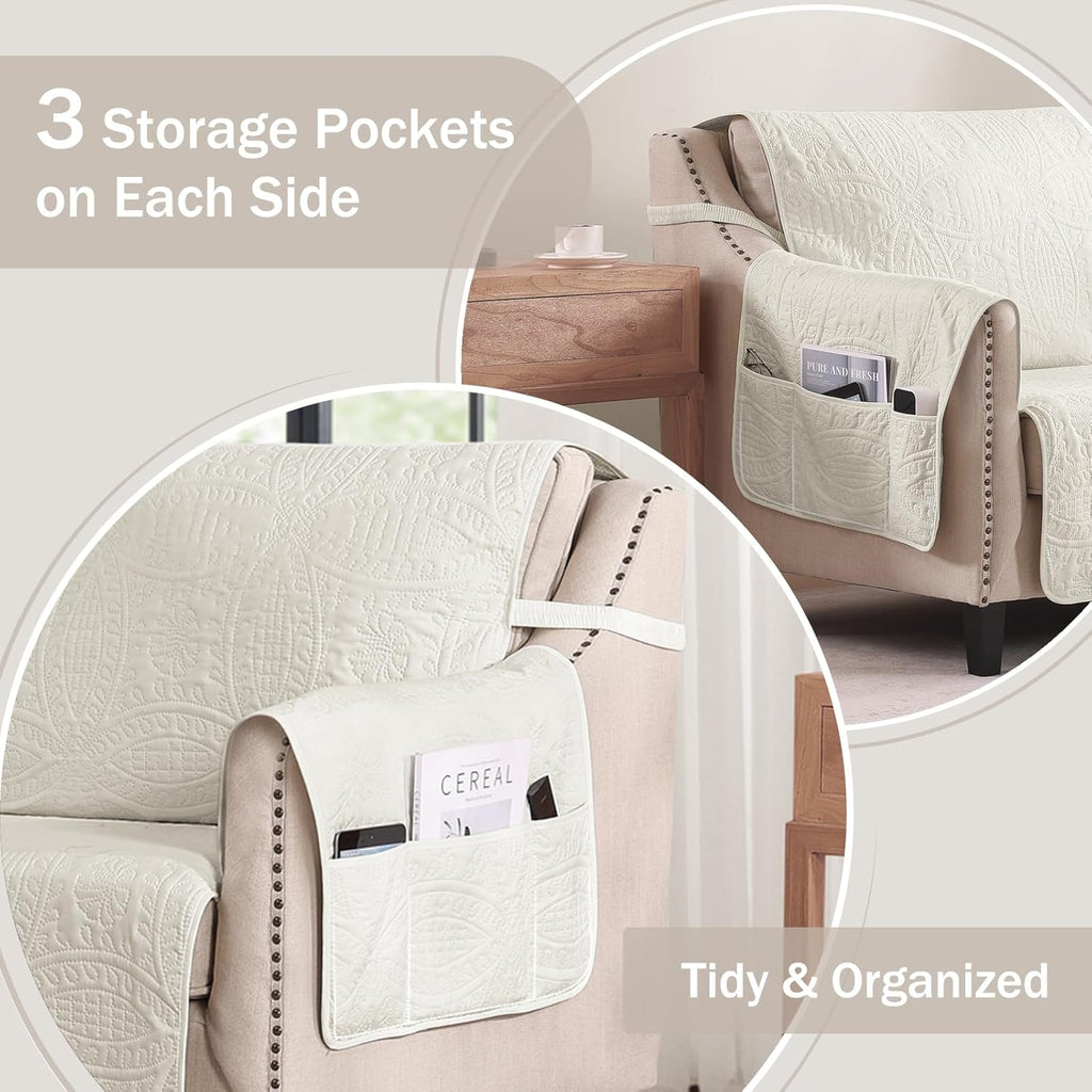 Quilted Sofa Slipcovers with Pockets, Anti-Slip Medallion Designed Couch Covers for 3 Cushion Sofa, Couch Cover