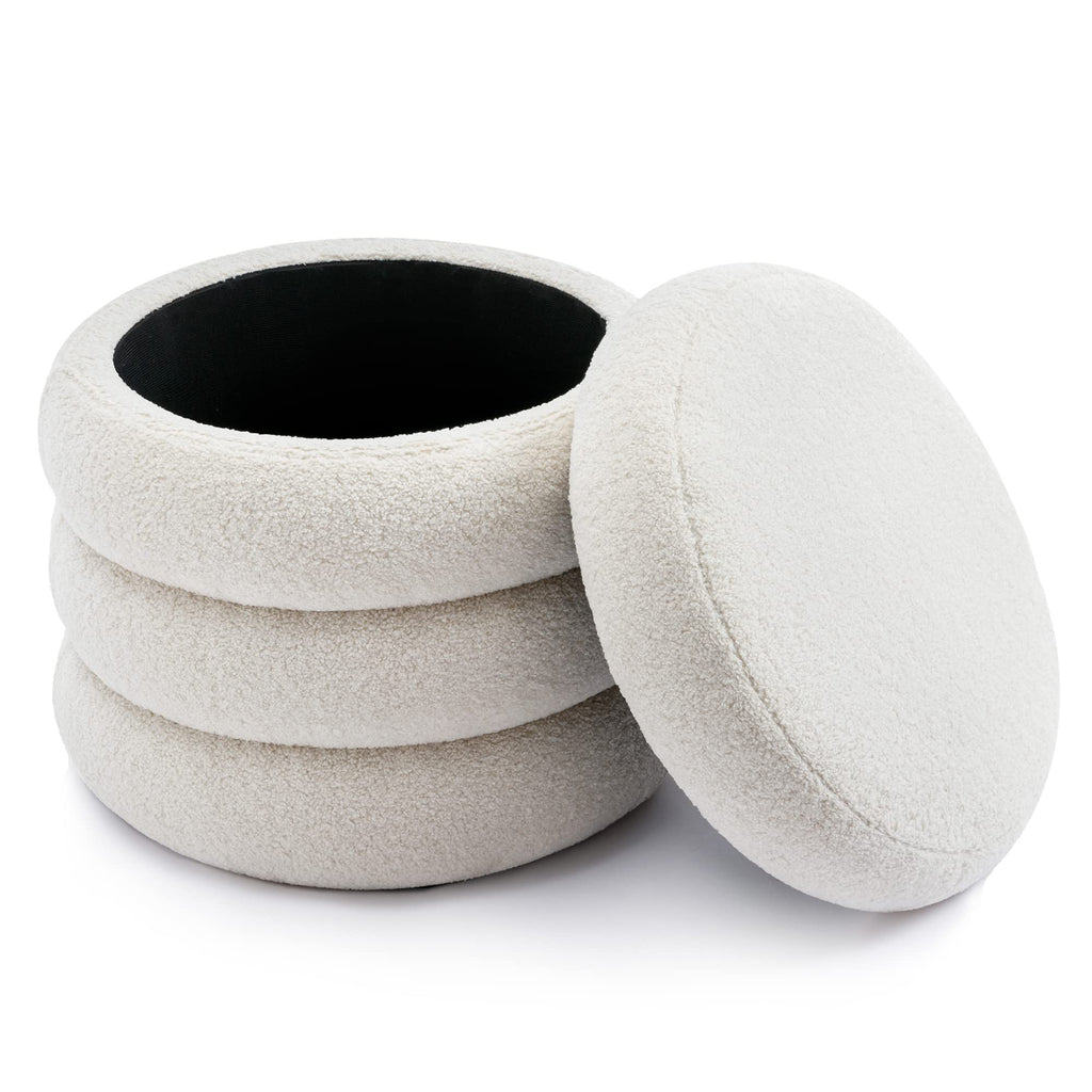 Boucle Ottoman with Storage, Small Round Footrest Stool Bedroom, Upholstered Sherpa Vanity Seat with Removable Lid